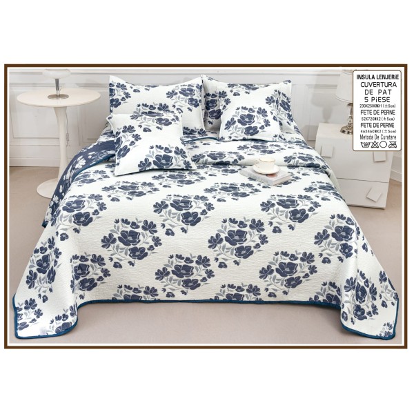 Set Cuvertură Pat 5 Piese Bumbac cu In 230x250 cm – Model Floral Albastru Elegant, CBI-027