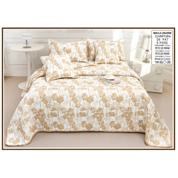 Set Cuvertură Pat 5 Piese Bumbac cu In 230x250 cm – Model Floral Bej Auriu Elegant, CBI-028