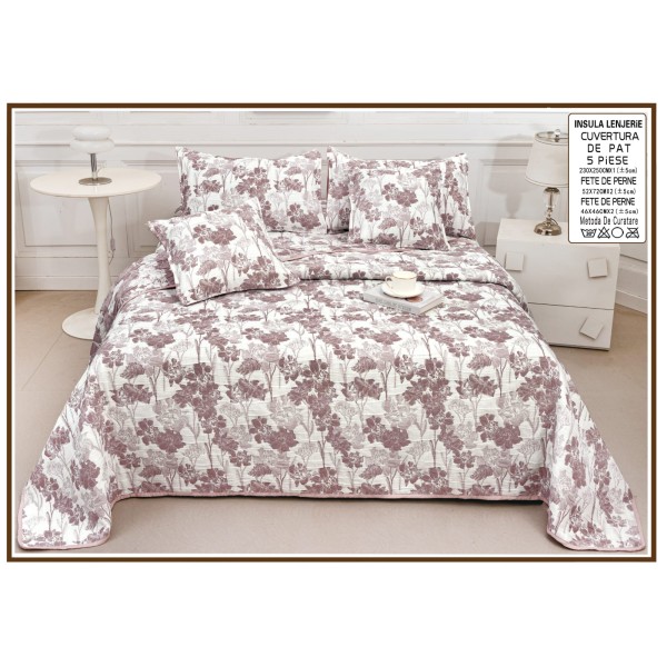 Set Cuvertură Pat 5 Piese Bumbac cu In 230x250 cm – Model Floral Bej Elegant, CBI-029