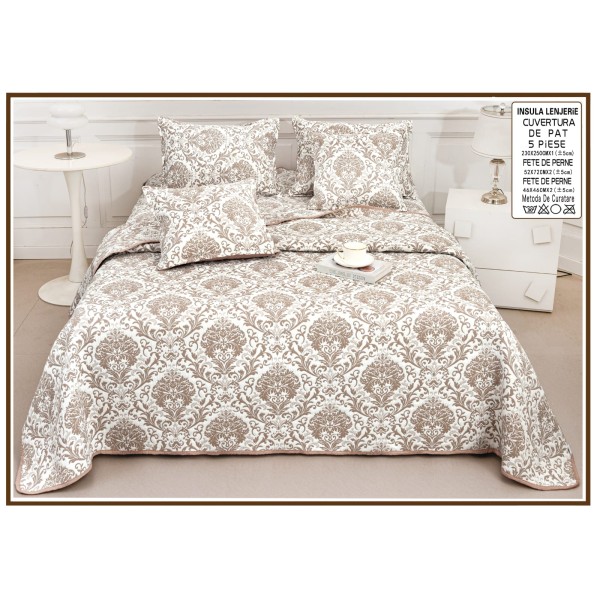 Set Cuvertură Pat 5 Piese Bumbac cu In 230x250 cm – Model Damasc Bej Elegant, CBI-030