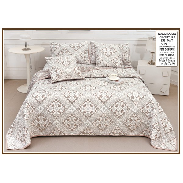 Set Cuvertură Pat 5 Piese Bumbac cu In 230x250 cm – Model Geometric Elegant Bej-Maro, CBI-031