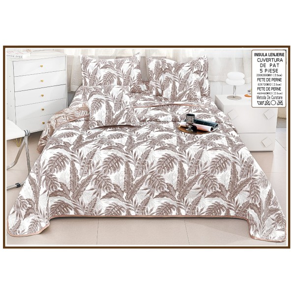 Set Cuvertură Pat 5 Piese Bumbac cu In 230x250 cm – Model Frunze Bej Elegant, CBI-032