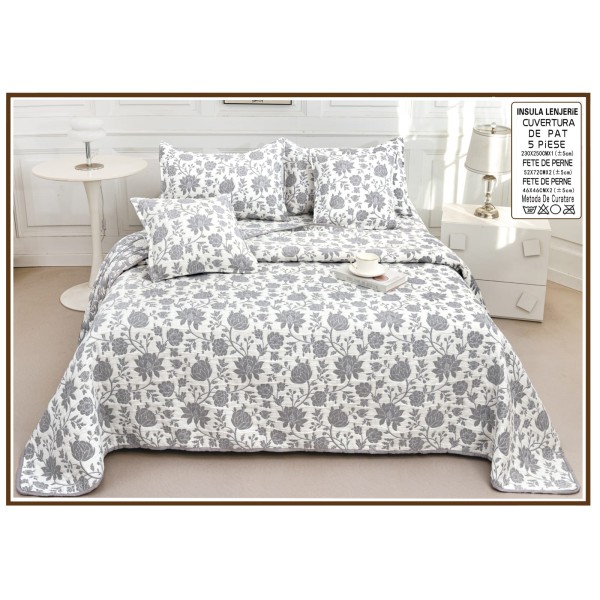 Set Cuvertură Pat 5 Piese Bumbac cu In 230x250 cm – Model Floral Gri Elegant, CBI-016