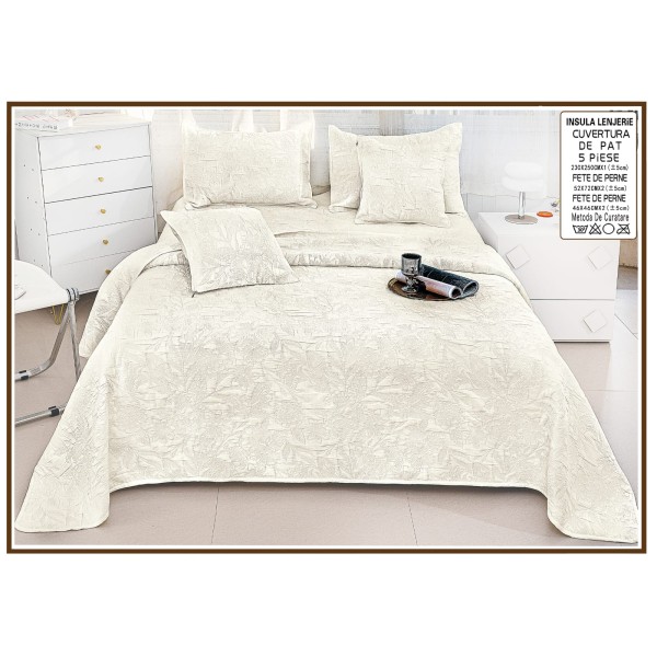 Set Cuvertură Pat 5 Piese Bumbac cu In 230x250 cm – Model Crem Elegant Floral, CBI-019