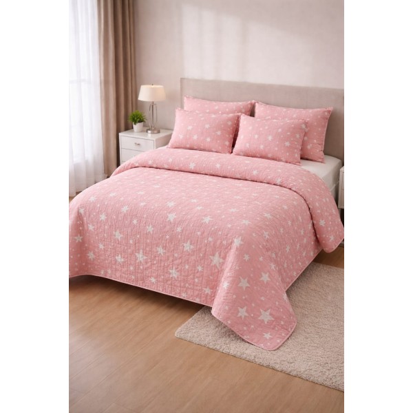 Set Cuvertură Pat 5 Piese Bumbac cu In 230x250 cm – Model Stele Roz Elegant, CBI-020