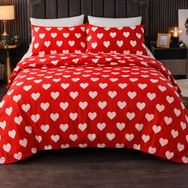 Lenjerie pat dublu, Super Pufoasa COCOLINO, 4 piese, Rosu-Alb, inimi, LDC-068