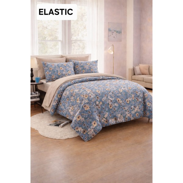 Set Lenjerie Pat Dublu Bumbac Satinat 4 Piese cu Cearșaf cu Elastic – Model Floral Elegant Bleu, LDBS-068