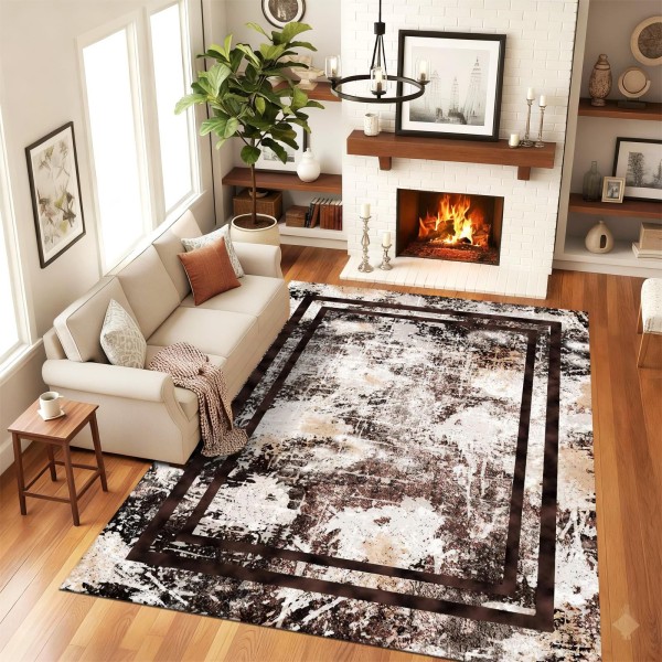 Traverse Antiderapante 120x180 cm – Model Abstract cu Chenar Maro, Bej și Negru, TCA-001