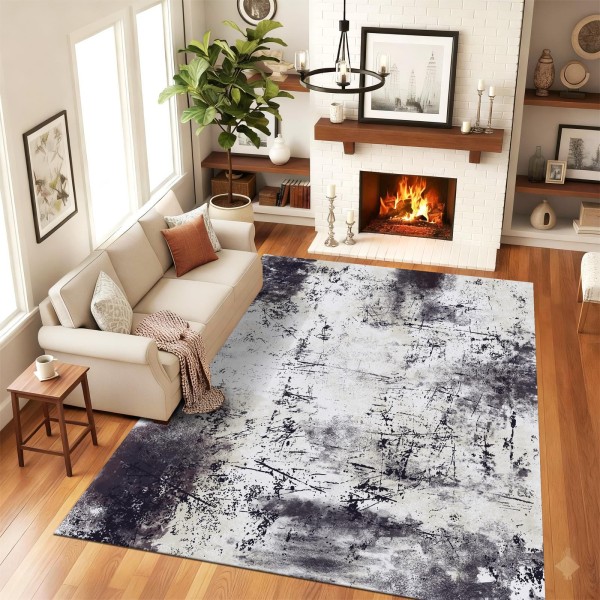 Traverse Antiderapante 120x180 cm – Model Abstract Gri, Alb și Negru cu Efect Texturat, TCA-007