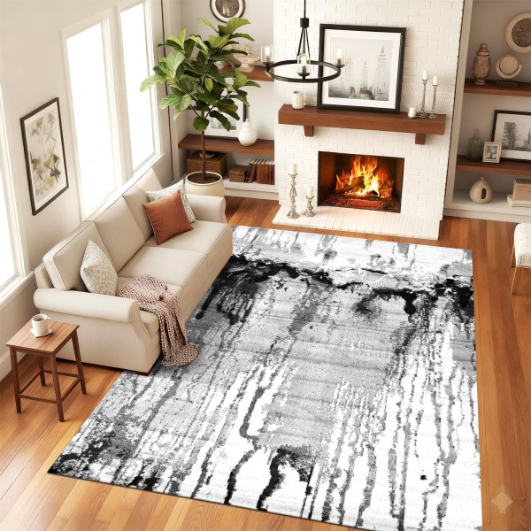 Traverse Antiderapante 120x180 cm – Model Abstract Alb-Negru cu Efect Artistic, TCA-013