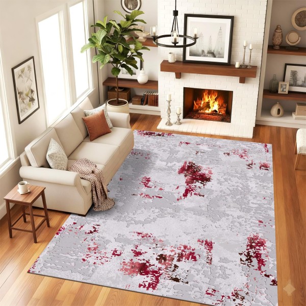 Traverse Antiderapante 120x180 cm – Model Abstract Gri cu Accente Roșii, TCA-019