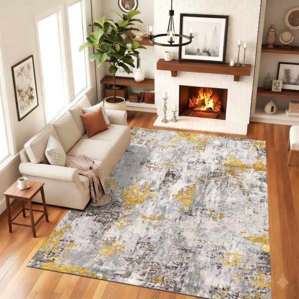 Traverse Antiderapante 120x180 cm – Model Abstract Gri cu Accente Galbene, TCA-025