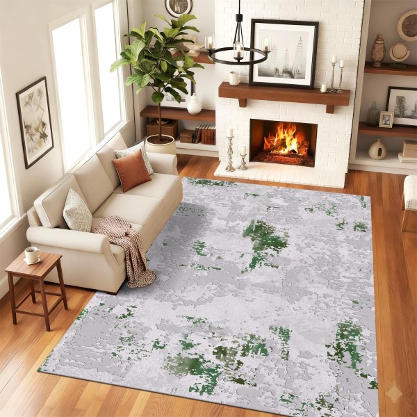 Traverse Antiderapante 120x180 cm – Model Abstract Gri cu Accente Verzi, TCA-036