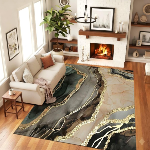 Traverse Antiderapante 120x180 cm – Model Abstract Premium Verde, Bej și Negru cu Accente Aurii, TCA-037