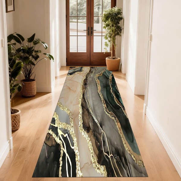 Traverse Antiderapante – Model Abstract Premium Verde, Bej și Negru cu Accente Aurii, TCA-054