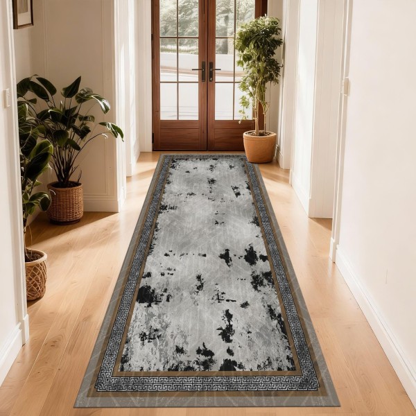 Traverse Antiderapante – Model Clasic cu Bordură Grecească, Gri și Negru, TCA-056