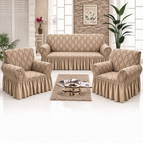Set huse pentru canapea 3 Locuri si 2 fotolii, cu volanas, model Jacquard, Bej natur, HCJ-006