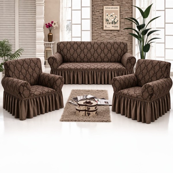 Set huse pentru canapea 3 Locuri si 2 fotolii, cu volanas, model Jacquard, Maro inchis, HCJ-004