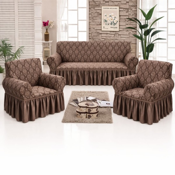 Set huse pentru canapea 3 Locuri si 2 fotolii, cu volanas, model Jacquard, Maro deschis, HCJ-002