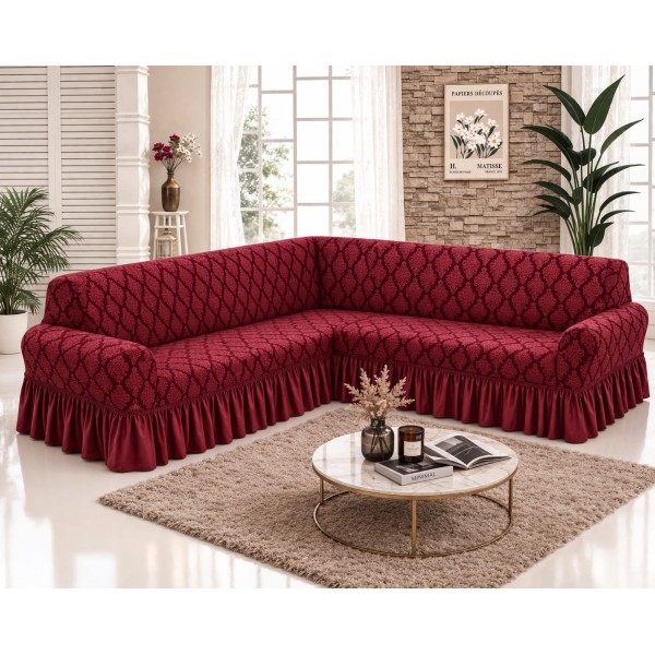 Husa elastica pentru coltar, model Jacquard, cu volanas, Bordo, HCJ-008