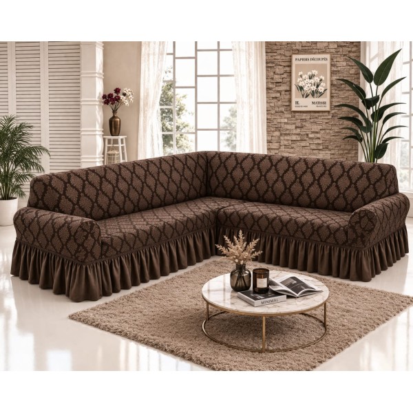 Husa elastica pentru coltar, model Jacquard, cu volanas, Maro inchis, HCJ-009