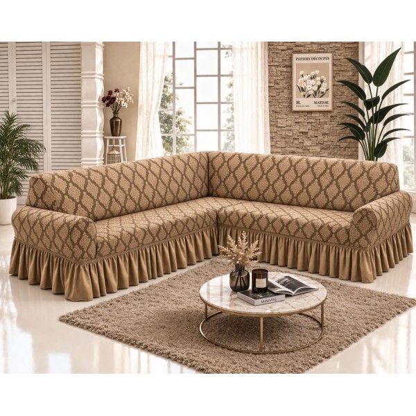 Husa elastica pentru coltar, model Jacquard, cu volanas, Bej, HCJ-012