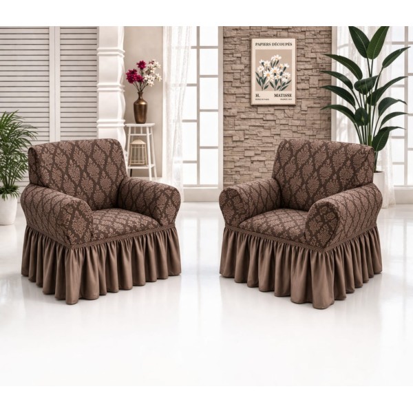 Set 2 huse elastice pentru fotolii, model Jacquard cu volanas, Maro deschis, HCJ-010