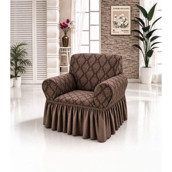 Husa elastica pentru fotoliu, model Jacquard cu volanas, Maro inchis, HCJ-043