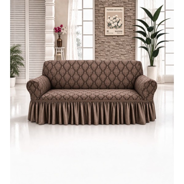 Husa elastica pentru canapea 2 locuri, model Jacquard, cu volanas, Maro deschis, HCJ-038