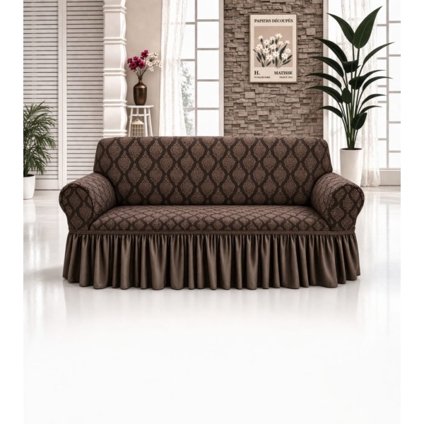 Husa elastica pentru canapea 2 locuri, model Jacquard, cu volanas, Maro inchis, HCJ-040