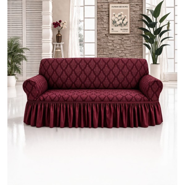 Husa elastica pentru canapea 2 locuri, model Jacquard, cu volanas, Bordo, HCJ-034