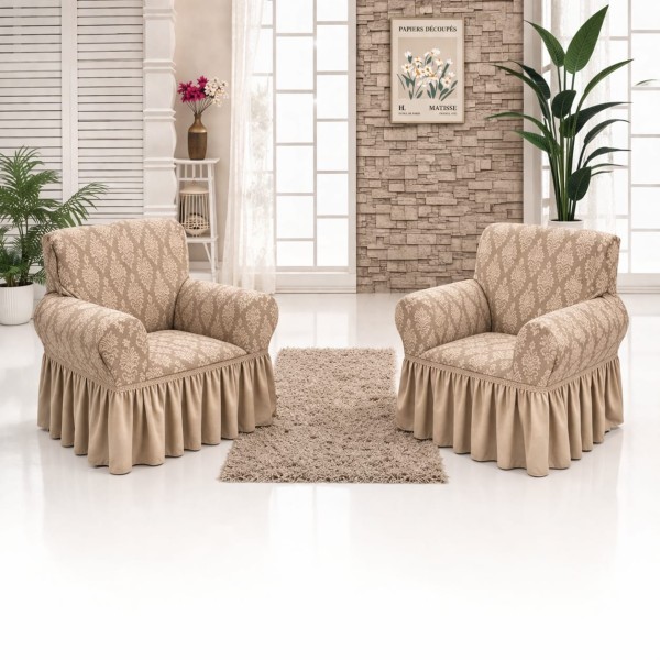 Set 2 huse elastice pentru fotolii, model Jacquard cu volanas, Bej, HCJ-026