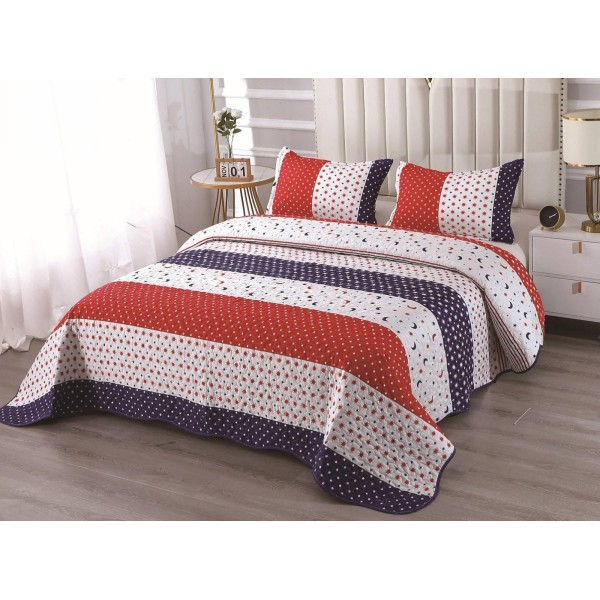 Cuvertură Pat Dublu cu 2 Fețe de Pernă din Bumbac Satinat – Model Modern Roșu, Alb și Bleumarin, OCT-023
