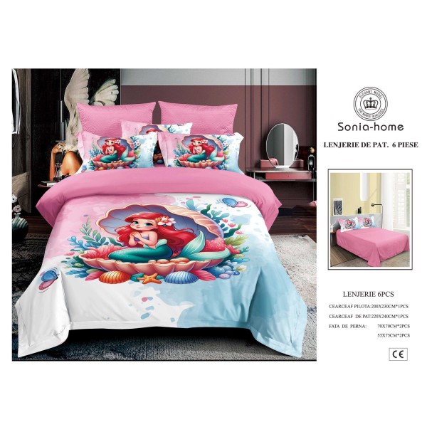 Lenjerie de Pat Finet 6 Piese Pat Dublu – Model Sirenă Roz-Albastru, LCC-003