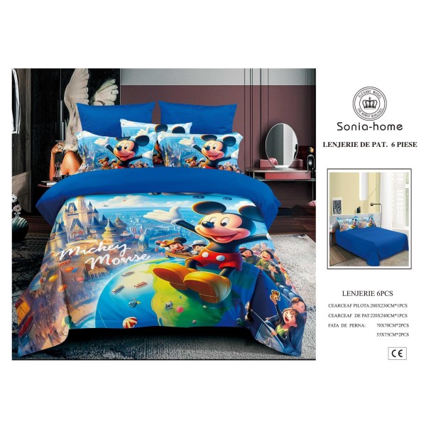 Lenjerie de Pat Finet 6 Piese Pat Dublu – Model Mickey Mouse Albastru, LCC-012