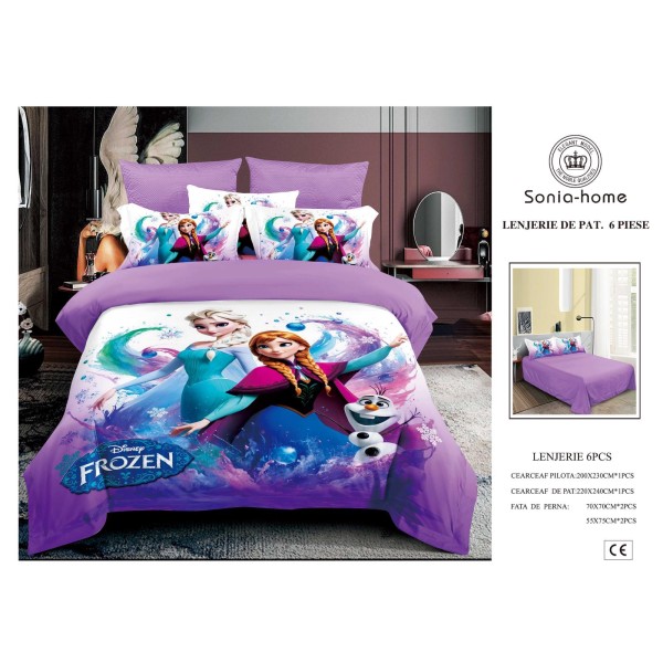 Lenjerie de Pat Finet 6 Piese Pat Dublu – Model Frozen Mov, LCC-017