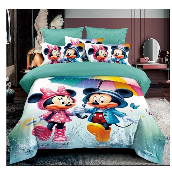 Lenjerie de Pat Finet 6 Piese Pat Dublu – Model Mickey & Minnie Multicolor, Fundal Turcoaz, LCC-024