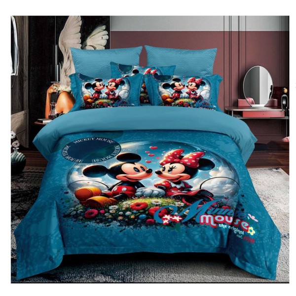 Lenjerie de Pat Finet 6 Piese Pat Dublu – Model Mickey & Minnie Albastru Turcoaz, LCC-040