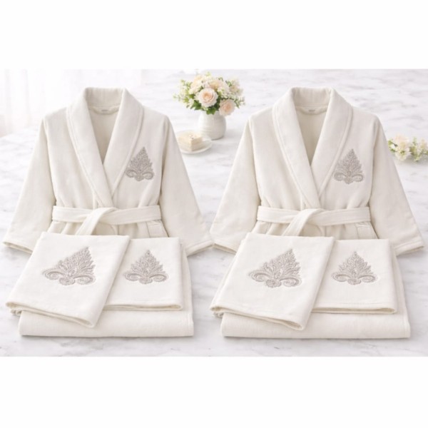 Set 6 Piese 2 Halate + 4 Prosoape, Crem, Model Brodat Elegant, HBC-003