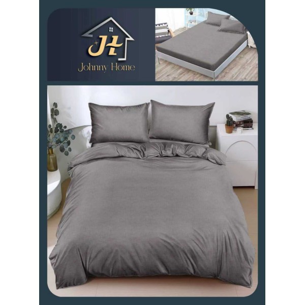 Lenjerie de Pat Dublu Bumbac Satinat Superior, 4 Piese, cu Elastic – Model Gri Uni, LDBSE-060