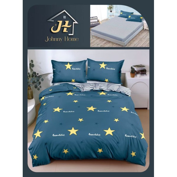 Lenjerie Pat Dublu Bumbac Satinat Superior, 4 Piese, cu Elastic – Model Albastru Petrol cu Stele Galbene, LDBSE-051