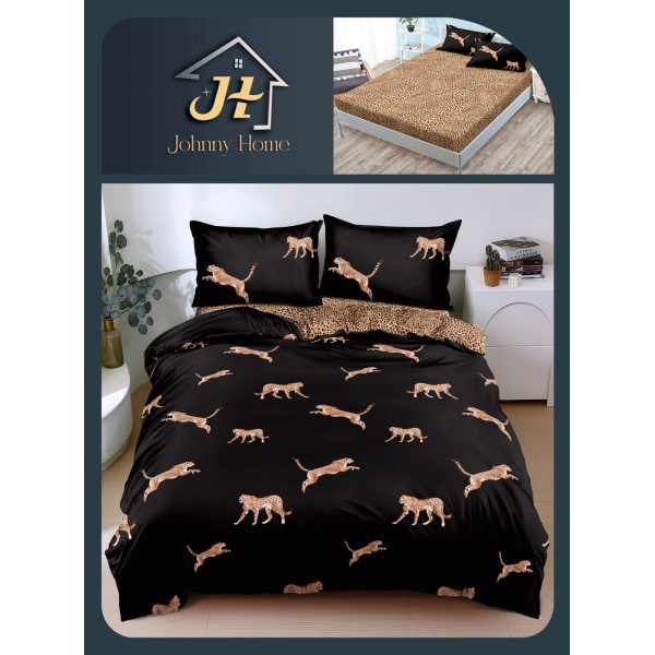 Lenjerie Pat Dublu Bumbac Satinat Superior, 4 Piese, cu Elastic – Model Leopard Negru, LSE-002