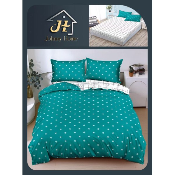 Lenjerie Pat Dublu Bumbac Satinat Superior, 4 Piese, cu Elastic – Model Verde Turcoaz cu Stelute Albe, LDBSE-041