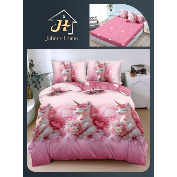 Lenjerie Pat Dublu Bumbac Satinat Superior, 4 Piese, cu Elastic – Model Unicorn Roz Romantic cu Flori, LDBSE-031