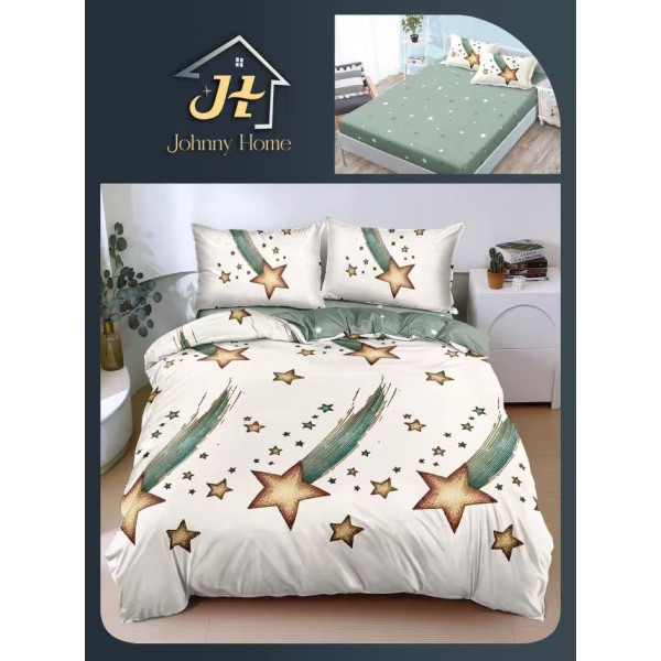 Lenjerie Pat Dublu Bumbac Satinat Superior 4 Piese cu Elastic – Model Stele Aurii & Comete Verde Salvie, LDBSE-036