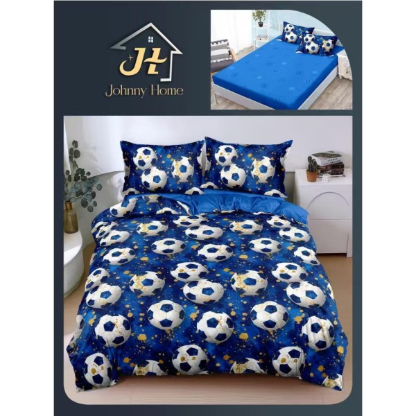 Lenjerie Pat Dublu Bumbac Satinat Superior 4 Piese cu Elastic – Model Mingi Fotbal Alb-Albastru, LDBSE-054