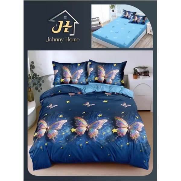 Lenjerie Pat Dublu Bumbac Satinat Superior 4 Piese cu Elastic – Model Fluturi Multicolori pe Fundal Bleumarin, LSE-001