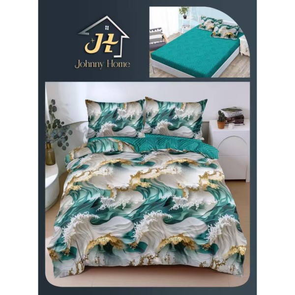Lenjerie Pat Dublu Bumbac Satinat Superior 4 Piese cu Elastic – Model Valuri Verde Smarald & Auriu, LDBSE-035