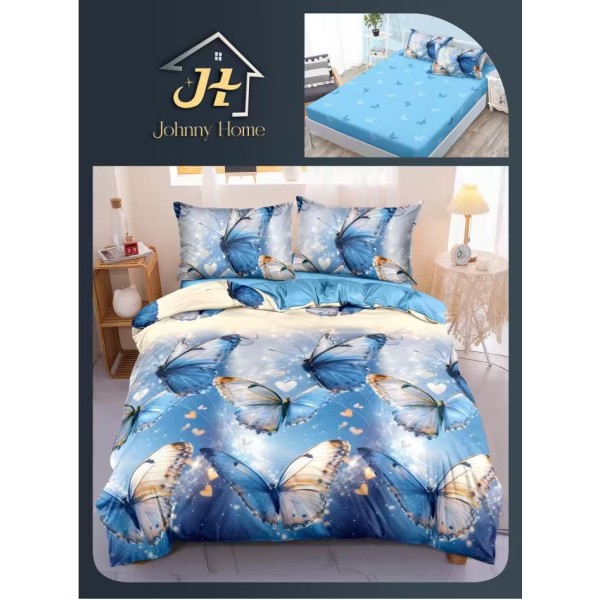 Lenjerie Pat Dublu Bumbac Satinat Superior 4 Piese cu Elastic – Model Fluturi Albaștri Eleganți, LDBSE-058