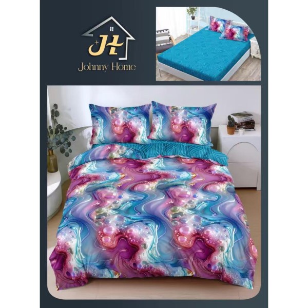 Lenjerie Pat Dublu Bumbac Satinat Superior 4 Piese cu Elastic – Model Abstract Multicolor Turquoise & Mov, LDBSE-050